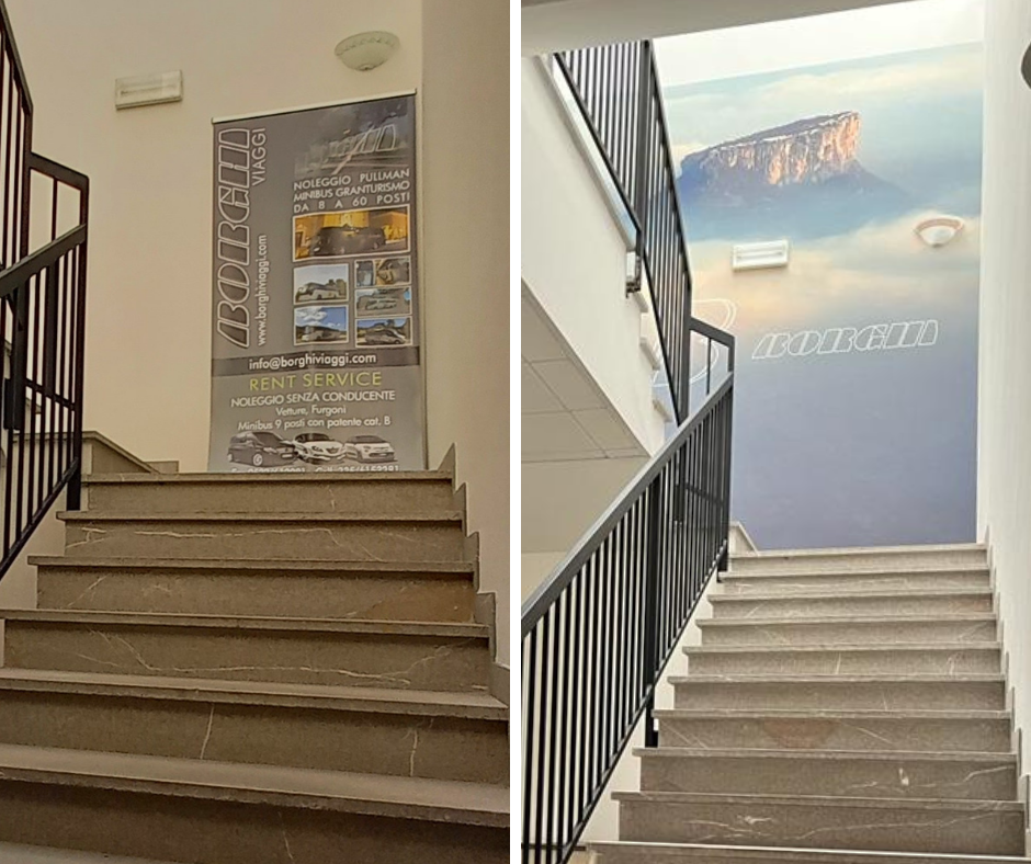 Stampa adesiva per muro usata nella rampa di scale degli uffici di Borghi Viaggi